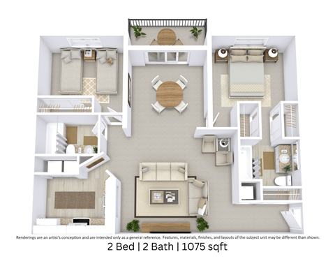 This is a 3D-floor plan providing a detailed, angled view of the space with room layouts, furniture placement, and spatial flow. Features 2 bedroom/s, 2 bathroom/s, and approximately 1075 Sq. Ft